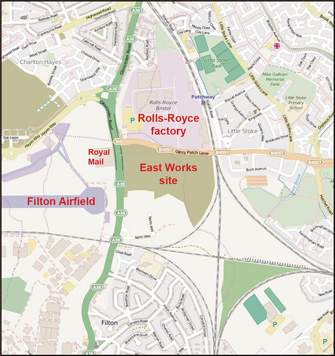 Location of the currently vacant Rolls-Royce East Works site in north Bristol.