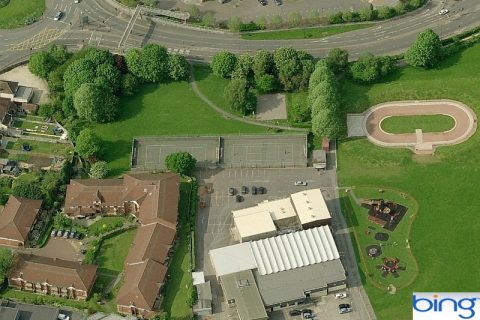 Aerial view of the tennis courts in Elm Park, Filton, Bristol.