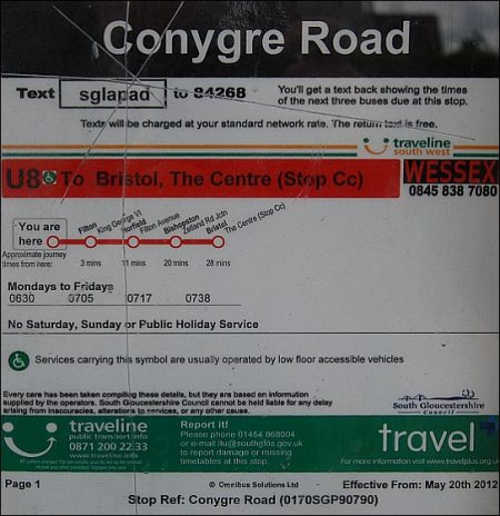 Timetable displayed at a bus stop in Filton Avenue, Filton, Bristol.