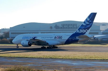 Final landing of an Airbus A380 at Filton Airfield.