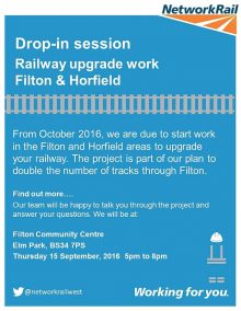 Poster advertising a drop-in session for railway upgrade work in Filton and Horfield.