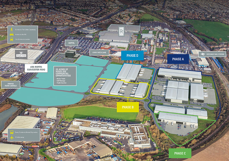 Aerial view of the proposed Horizon38 industrial/distribution and commercial development on the former Rolls-Royce East Works site in north Bristol.