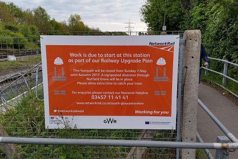 Sign warning of footpath closure at Filton Abbey Wood Station.