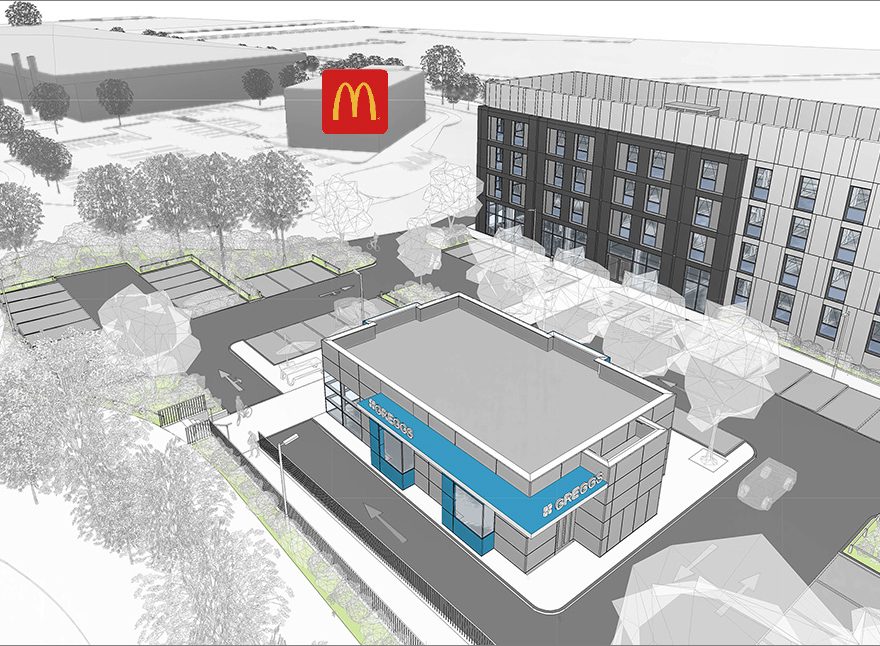 Visualisation of proposed Travelodge hotel and Greggs drive-through unit.