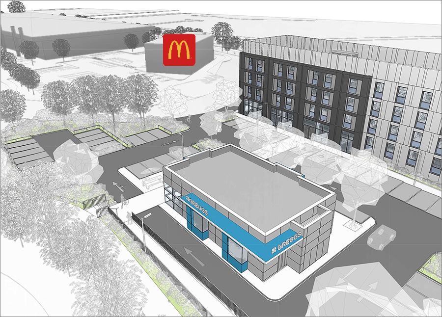 Visualisation of proposed Travelodge hotel and Greggs drive-through unit.