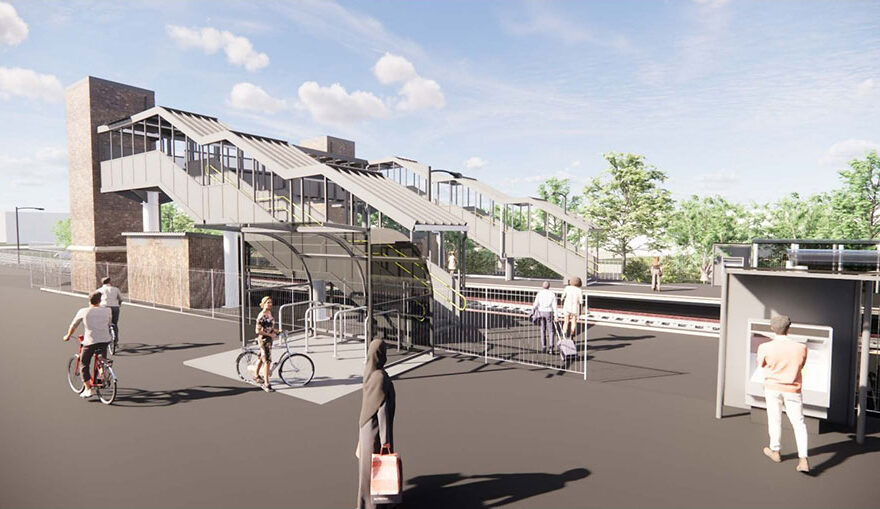 Artist's impression of a proposed railway station with footbridge.