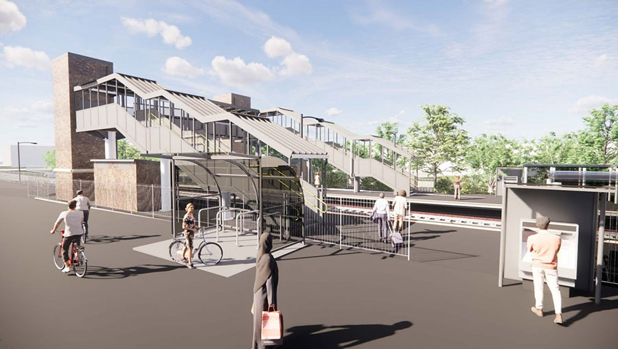 Artist's impression of the proposed North Filton Station (from north side, looking south-east). Artist's impression of a proposed railway station with footbridge.